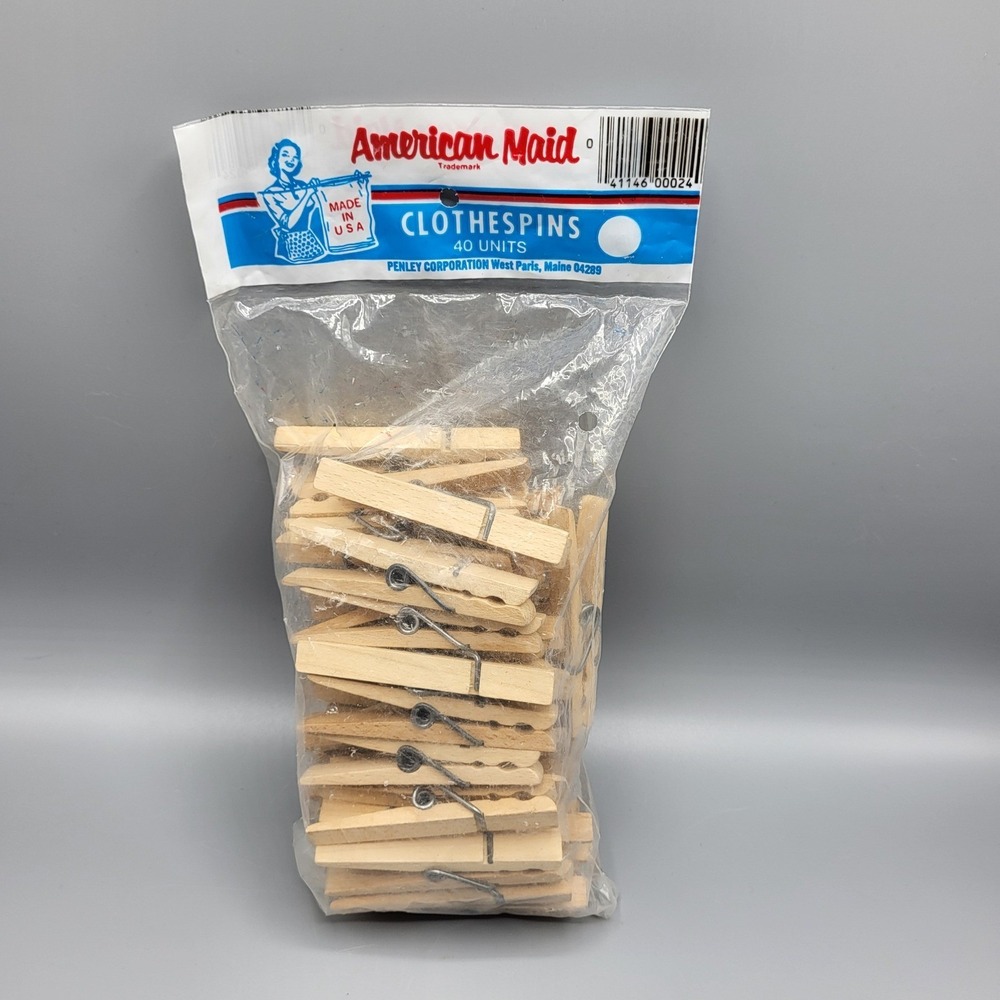 Vintage American Maid Clothespins 40 Count Wood Spring Action Natural Wood